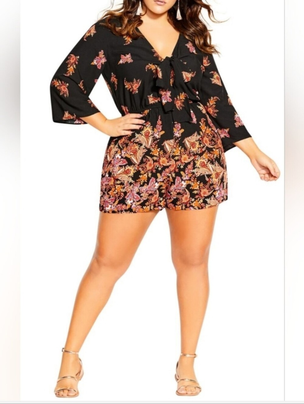 City Chic Black Romper with Rust & Pink Floral Print XL